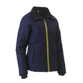 Navy women's quilted puffer jacket with black collar and contrast yellow zip tape