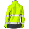 Hi-vis yellow soft shell jacket with reflective tape, charcoal contrast panels at sides and hem, back view
