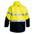 Back view of hi vis yellow and navy fire resistant work jacket with dual reflective tape bands