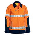 Orange and navy hi vis drill jacket with reflective tape bands, zip front, contrast collar and side pockets