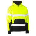 Hi-vis yellow and black hoodie with reflective tape stripes across chest and waist