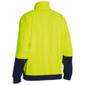 High visibility yellow polar fleece pullover with navy contrast sleeves and hem, shown from back with stand collar