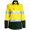 Hi-vis work shirt with fluorescent yellow body, bottle green collar and sleeves, silver reflective tape across chest and waist