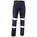 Navy cargo pants with white reflective tape at knees and calves, featuring cargo pockets on thighs