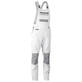 White and grey womens bib and brace overall with contrast knee panels, chest pocket, and adjustable crossback straps