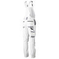 White womens bib and brace overall with grey contrast panels, adjustable shoulder straps and multiple utility pockets, rear view