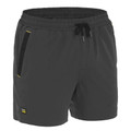 Charcoal grey stretch shorts with elastic drawstring waist, zippered pocket with yellow accent detailing