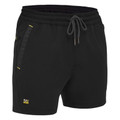 Black elastic waist shorts with drawcord, side pockets with yellow zipper detailing and small logo on hem
