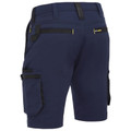 Navy work shorts with black cargo pockets and yellow accent stitching on rear panel