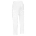 White elastic waist cargo pants with side utility pocket and drawstring waist, rear three-quarter view