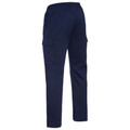 Navy cargo pants with elastic waist and side cargo pockets shown from rear angle