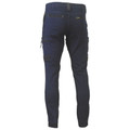 Navy stretch cargo pants with cuffed ankles and contrast charcoal reinforced cargo pockets and trim, back view