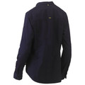 Navy long sleeve stretch shirt with V-neck collar and yellow contrast tab details at back neck and pocket