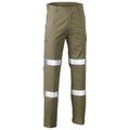 Khaki cargo pants with silver reflective tape on legs and cargo pockets on thighs
