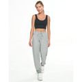 Grey marle track pants with drawstring waist and cuffed ankles paired with black crop top