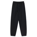 Black unisex track pants with elasticated waist and drawstring, tapered leg with ribbed cuffs