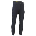 Navy stretch denim cargo pants with cuffed ankles and multiple cargo pockets with button closures