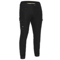 Black stretch denim cargo pants with cuffed ankles, cargo pockets on thighs, and belt loops