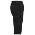 Black stretch denim cargo pants with multiple pockets, cuffed hems, and yellow accent stitching detail
