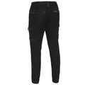 Black stretch denim cargo pants with cuffed ankles, cargo pockets, and gold metal rivets, rear view