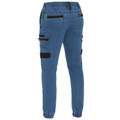 Mid blue stretch denim cargo pants with black contrast cargo pocket, elasticated ankle cuffs and belt loops