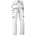 White work pants with grey contrast cargo pockets and reinforced knee panels, rear view