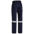 Navy cargo work pants rear view with reflective tape bands and multiple cargo pockets