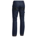 Dark indigo denim work jeans with utility pockets and contrast stitching, rear view showing reinforced back pockets