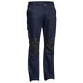 Navy denim work jeans with contrast black knee panels and side cargo pocket, flat lay packshot
