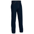 Dark indigo men's denim work jean with gold contrast stitching, five-pocket cut and straight leg silhouette