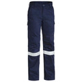 Navy cargo work pants with white reflective tape bands at lower leg and side cargo pockets