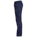 Navy cargo work pants side view with multiple pockets and yellow Bisley tab detail