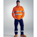 Man wearing orange hi-vis taped work shirt and navy ripstop taped work pants with reflective leg tape