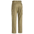 Khaki men's cargo pants rear view showing twin back pockets, side cargo pockets with flap, and belt loops