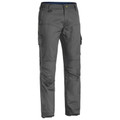 Charcoal grey cargo work pants with reinforced knees, side cargo pocket, and contrast yellow bartack stitching