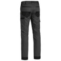 Charcoal stretch work pants rear view with black reinforced knee panels, cargo pocket and gold zip details