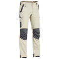 Stone cargo pants with charcoal reinforced knee panels and multiple utility pockets