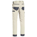 Sand and navy two-tone stretch work pants rear view showing contrast panels, multiple pockets and double-layer knees