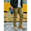 Khaki stretch cotton drill work pants with slim fit and reinforced knee panels