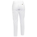 White cotton drill cargo pants shown from back with side pockets and small logo patch on waistband