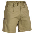 Khaki cotton drill work shorts with cargo pocket, belt loops, and button waist closure