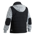 Black puffer vest with grey marle fleece sleeves and hood, featuring contrast elbow patches, back view