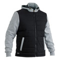 Black puffer vest with grey marle fleece sleeves and hood, featuring contrast grey pocket trim and full-length zip
