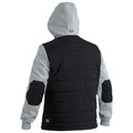 Back view of hooded puffer jacket with black quilted body and grey marle fleece sleeves with black elbow patches