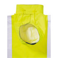 Fluorescent yellow hi vis rain jacket with detachable hood stored in collar, white reflective tape panels visible