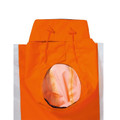 Orange hi vis rain jacket hood detail showing adjustable drawcord, oval face opening and white reflective tape panels