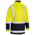 Hi-vis safety jacket in fluorescent yellow and navy with silver reflective tape across chest, shoulders and lower hem