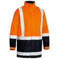 Orange and navy hi vis rain shell jacket with white reflective tape across chest and sleeves, stand collar, front zip