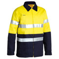 Hi-vis safety jacket in yellow and navy with silver reflective tape bands across chest and sleeves