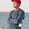 Steel blue long sleeve crew neck t-shirt with set-in sleeves and ribbed collar detail